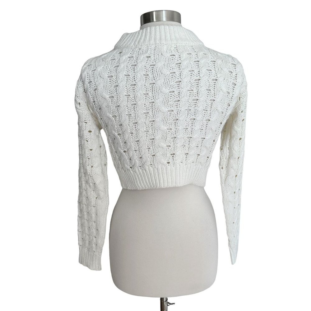LPA Size XS White Chunky Cable Knit Mock Neck Cropped Long Sleeve Sweater - Picture 4 of 8